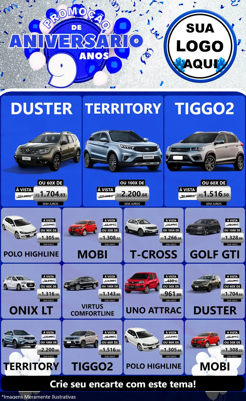 Modelo de Encarte para Encarte Grande com o tema Promoção de Aniversário - 9 Anos para Concessionaria de Carros