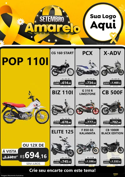 Modelo de Encarte para Encarte A4 Vertical com o tema Setembro Amarelo para Concessionaria de Motos