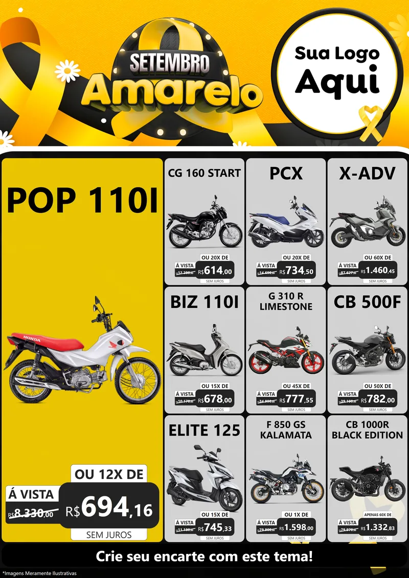 Modelo de Encarte para Encarte A4 Vertical com o tema Setembro Amarelo para Concessionaria de Motos