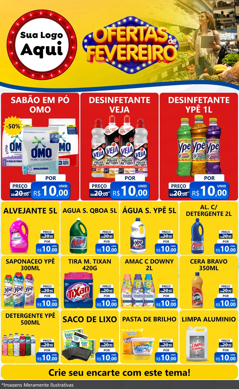 Modelo de Encarte para Encarte Grande com o tema Ofertas de Fevereiro para Produtos de Limpeza