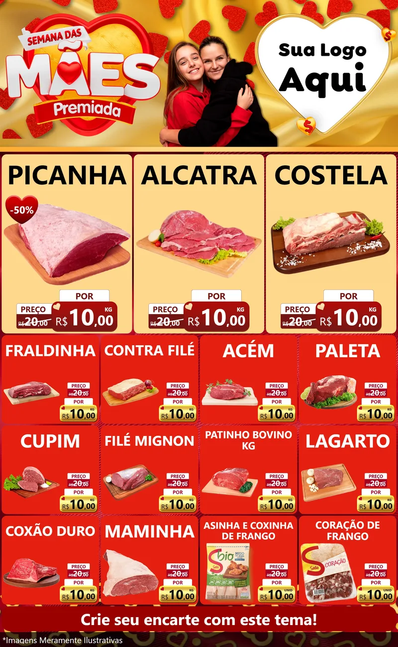 Modelo de Encarte para Encarte Grande com o tema Semana das Mães Premiada para Açougue