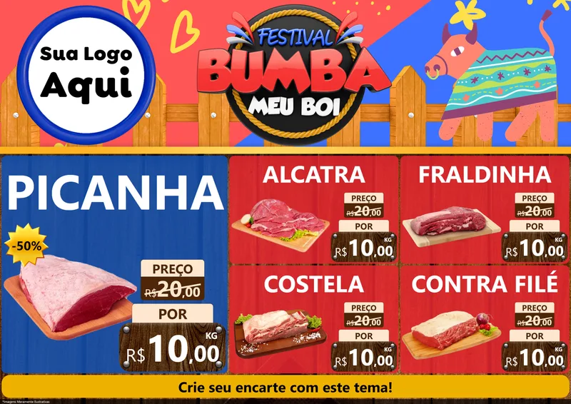 Modelo de Encarte para Encarte A4 Horizontal com o tema Festival Bumba Meu Boi para Açougue