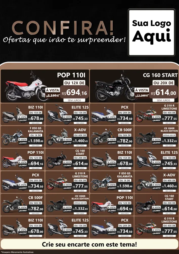 Modelo de Encarte para Encarte A4 Vertical com o tema Confira! Ofertas que irão te surpreender! para Concessionaria de Motos