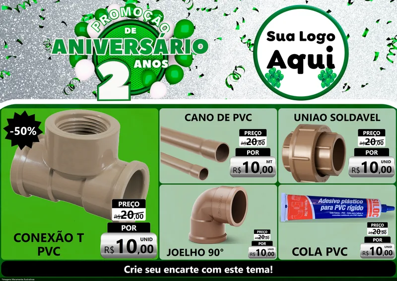 Modelo de Encarte para Encarte A4 Horizontal com o tema Promoção de Aniversário - 2 Anos para Tubos e conexões