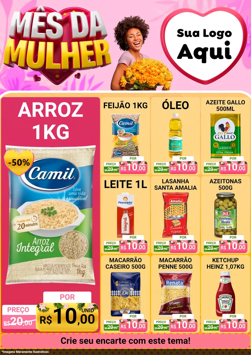 Modelo de Encarte para Encarte A4 Vertical com o tema Mês da Mulher para Supermercado