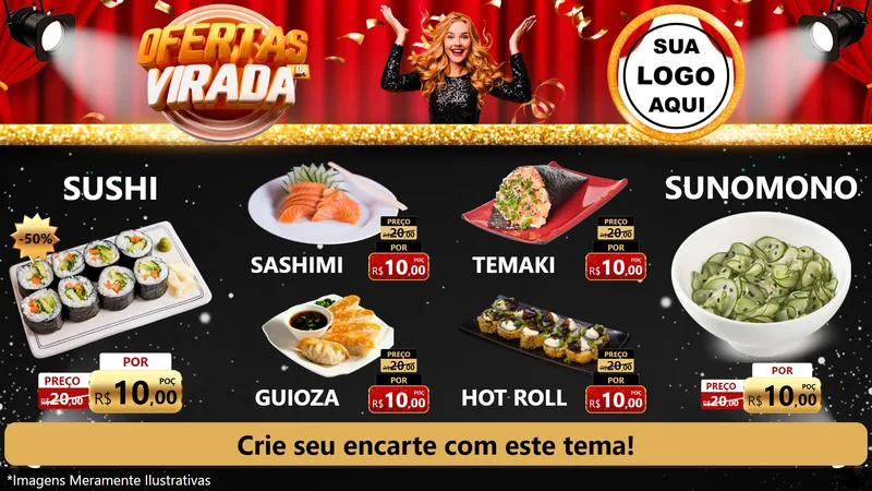 Modelo de TV para TV Horizontal com o tema Ofertas da Virada para Comida japonesa