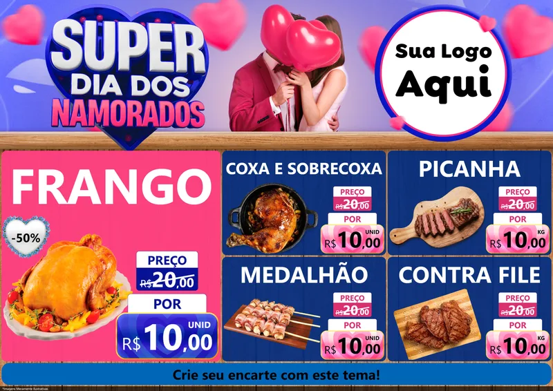 Modelo de Encarte para Encarte A4 Horizontal com o tema Super Dia dos Namorados para Assados