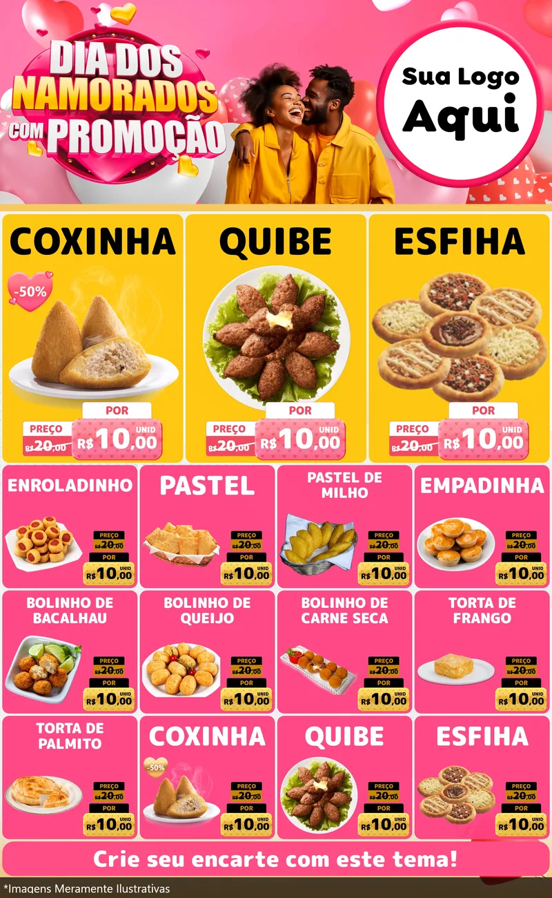 Modelo de Encarte para Encarte Grande com o tema Dia dos Namorados com Promoção para Salgadaria
