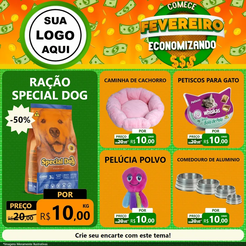 Modelo de Rede Social para Feed Facebook com o tema Comece Fevereiro Economizando para Pet Shop