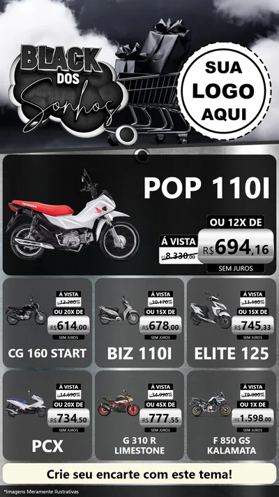 Modelo de Rede Social para Stories com o tema Black dos Sonhos para Concessionaria de Motos