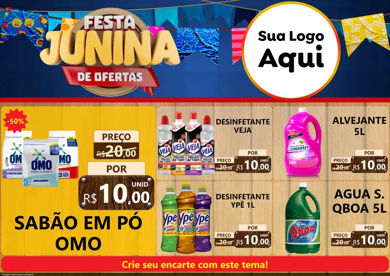 Modelo de Encarte para Encarte A4 Horizontal com o tema Festa Junina de Ofertas para Produtos de Limpeza