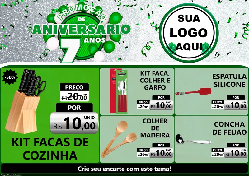Modelo de Encarte para Encarte A4 Horizontal com o tema Promoção de Aniversário - 7 Anos para Utilidades Domésticas