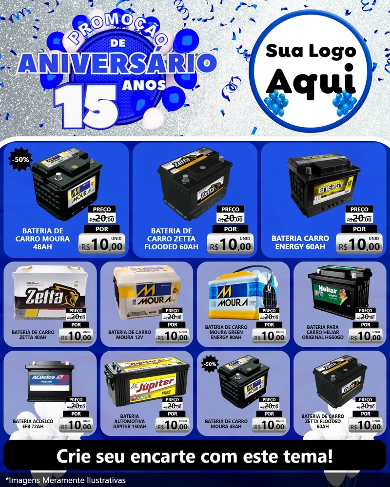Modelo de Rede Social para Feed Instagram com o tema Promoção de Aniversário - 15 Anos para Baterias Elétricas