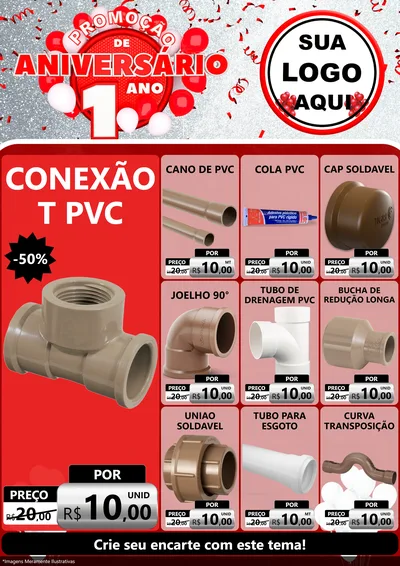 Modelo de Encarte para Encarte A4 Vertical com o tema Promoção de Aniversário - 1 Ano para Tubos e conexões