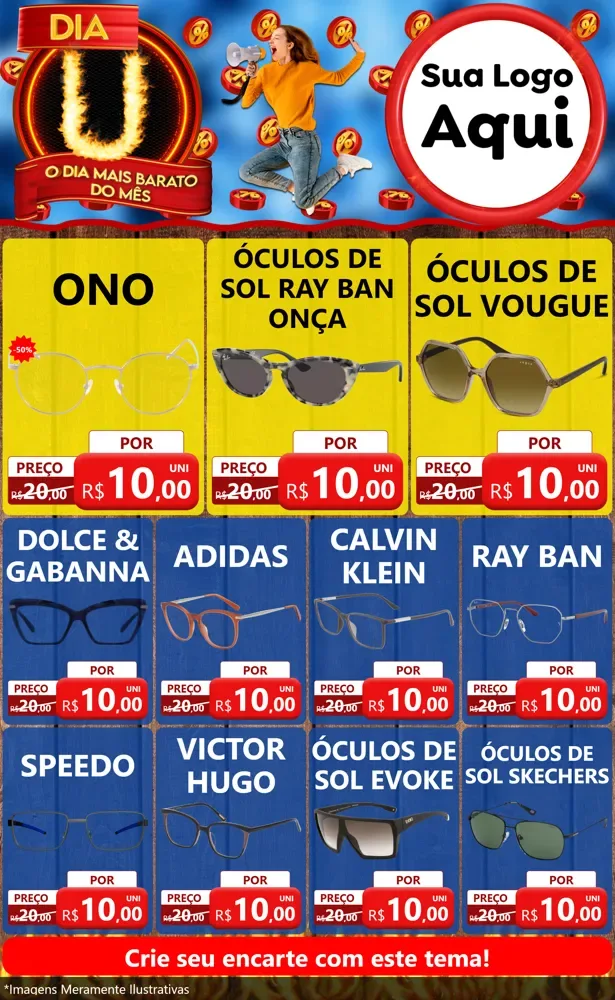 Modelo de Encarte para Encarte Grande com o tema Dia U - O Dia Mais Barato Do Mês para Óticas
