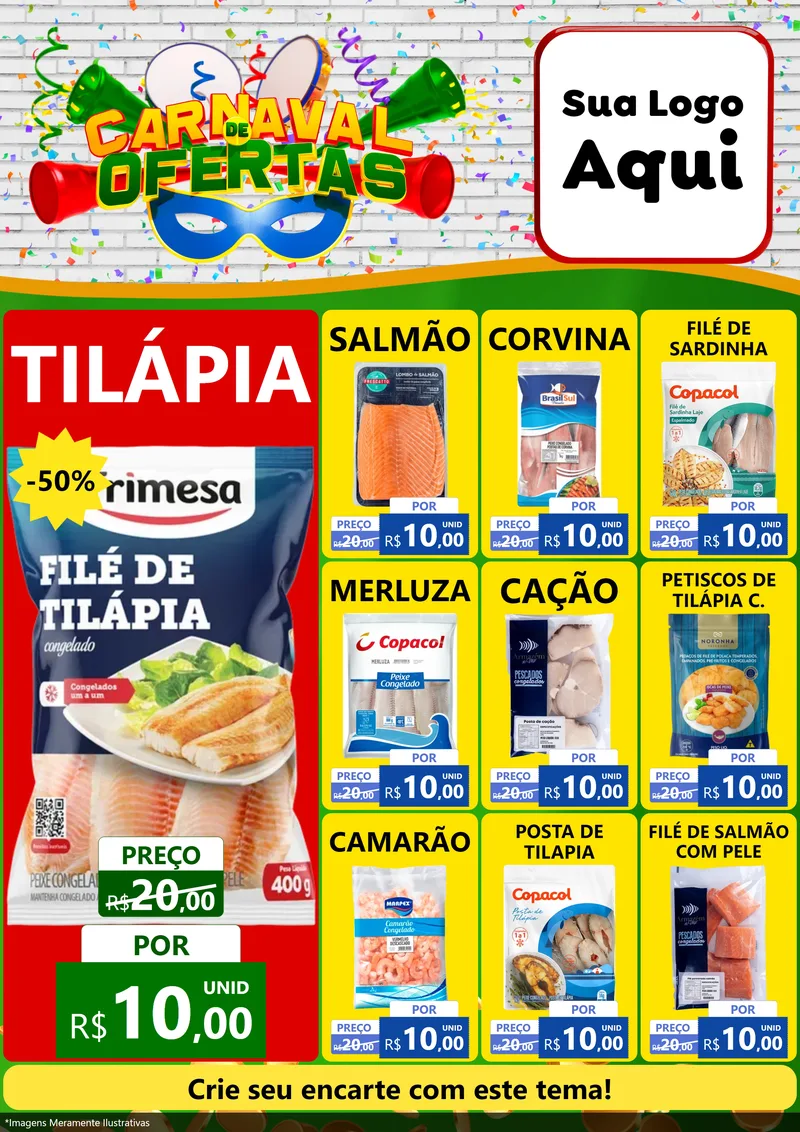 Modelo de Encarte para Encarte A4 Vertical com o tema Carnaval de Ofertas para Peixaria