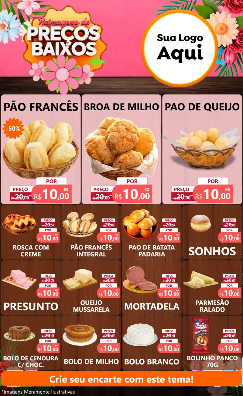 Modelo de Encarte para Encarte Grande com o tema Primavera de Preços Baixos para Padaria