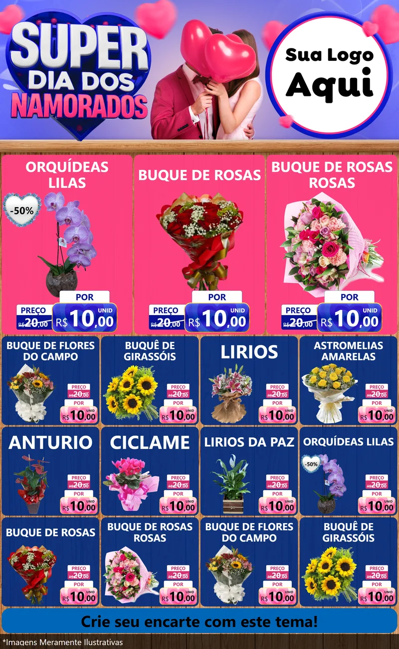 Modelo de Encarte para Encarte Grande com o tema Super Dia dos Namorados para Floricultura e jardim