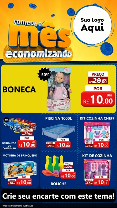 Modelo de Rede Social para Stories com o tema Comece O Mês Economizando para Brinquedos