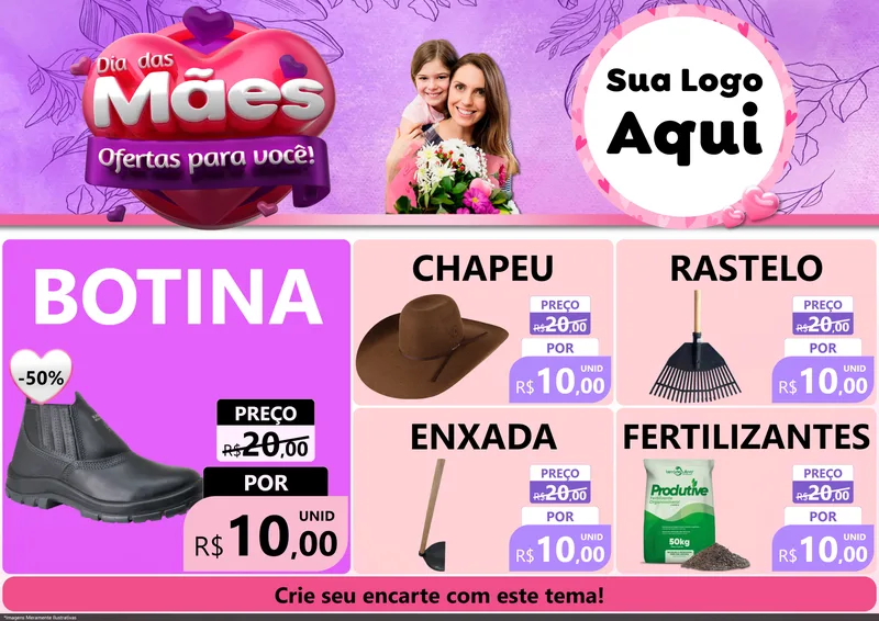 Modelo de Encarte para Encarte A4 Horizontal com o tema Dia das Mães Ofertas para Você! para Agropecuária