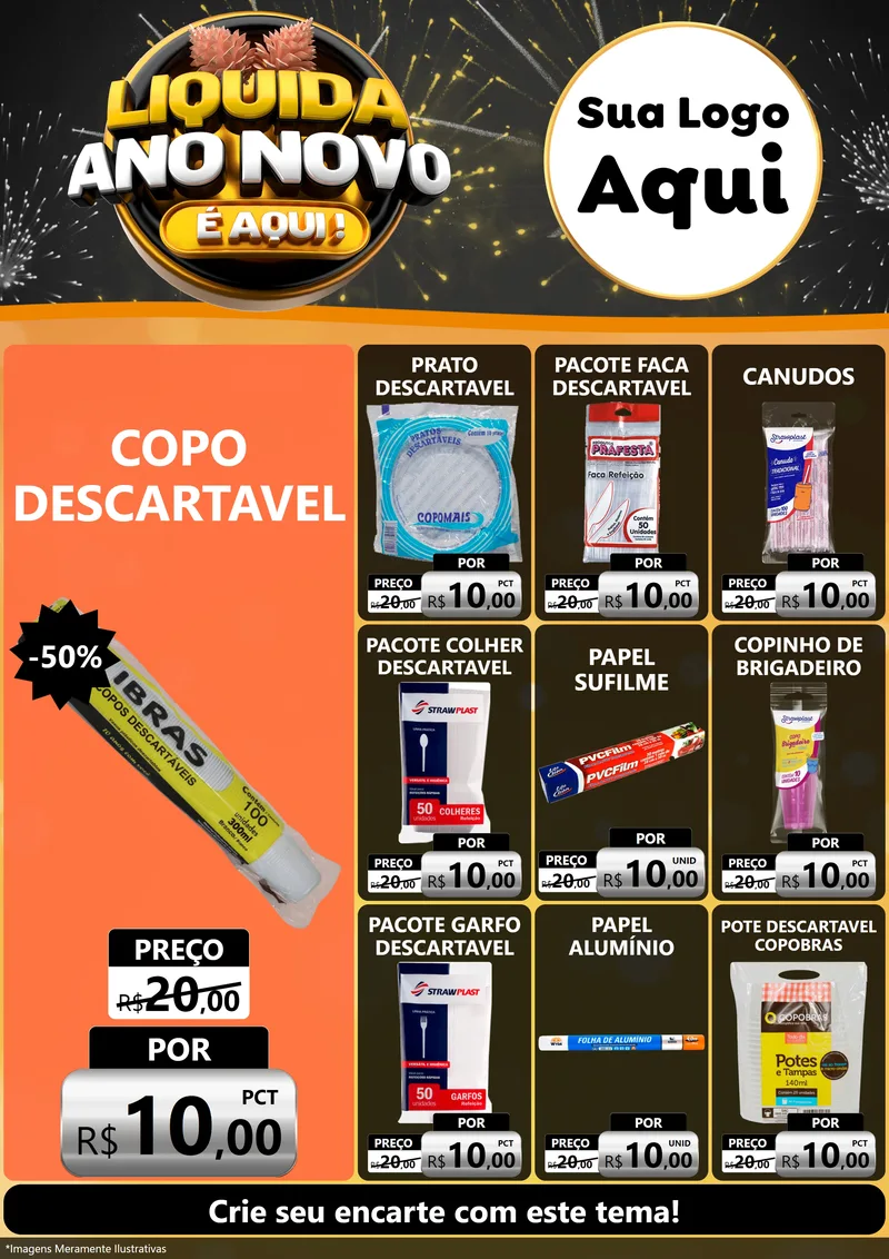 Modelo de Encarte para Encarte A4 Vertical com o tema Liquida Ano Novo É Aqui! para Embalagens