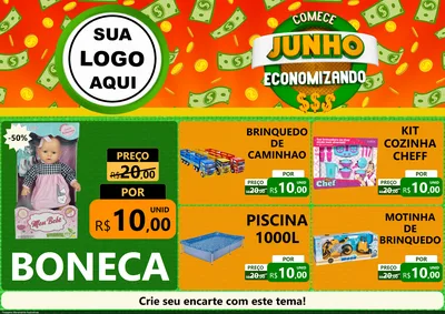 Modelo de Encarte para Encarte A4 Horizontal com o tema Comece Junho Economizando para Brinquedos