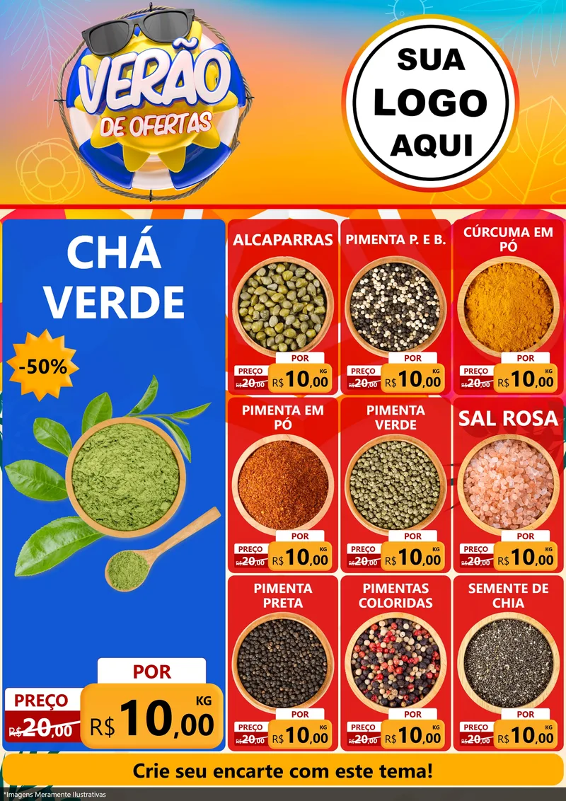 Modelo de Encarte para Encarte A4 Vertical com o tema Verão de Ofertas para Produtos Naturais