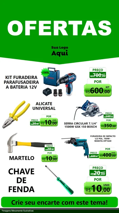 Modelo de TV para TV Vertical com o tema Ofertas Verde Cartaz para Maquinas e Ferramentas