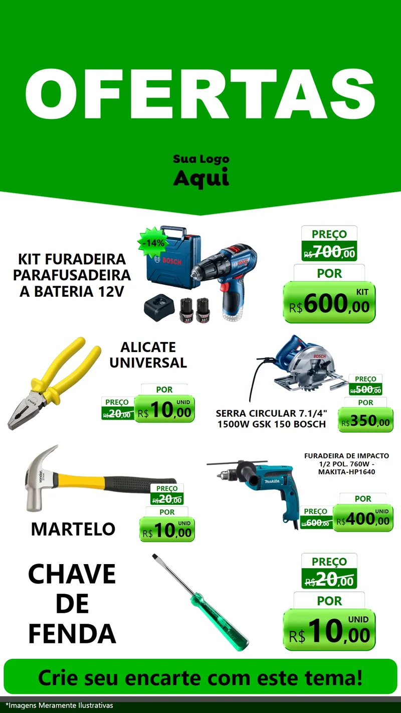 Modelo de TV para TV Vertical com o tema Ofertas Verde Cartaz para Maquinas e Ferramentas