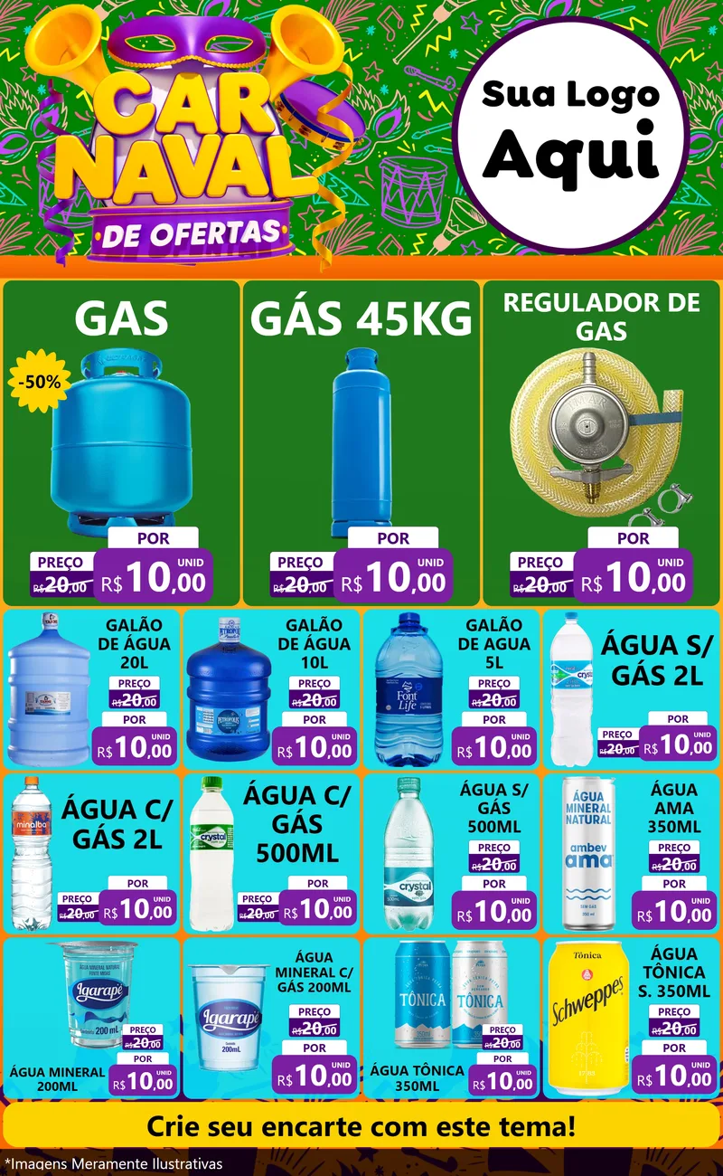 Modelo de Encarte para Encarte Grande com o tema Carnaval de Ofertas para Água e gás