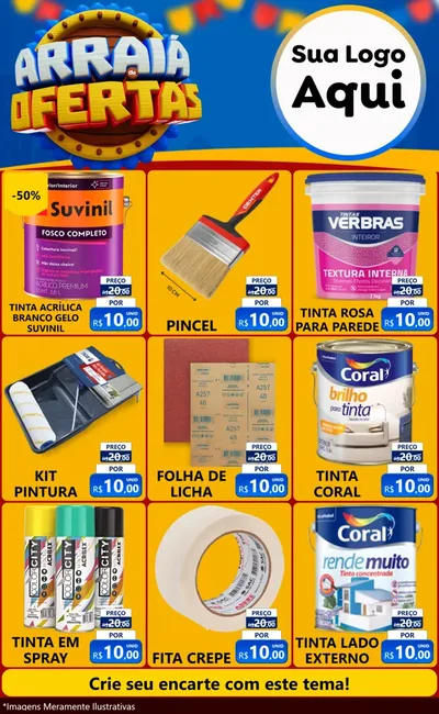 Modelo de Encarte para Encarte Grande com o tema Arraiá de Ofertas - Junina para Tintas e Ferramentas