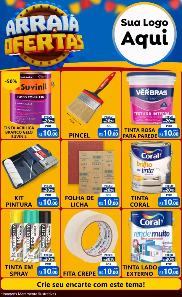 Modelo de Encarte para Encarte Grande com o tema Arraiá de Ofertas - Junina para Tintas e Ferramentas