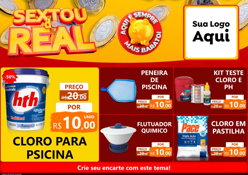 Modelo de Encarte para Encarte A4 Horizontal com o tema Sextou do Real para Produtos para Piscina