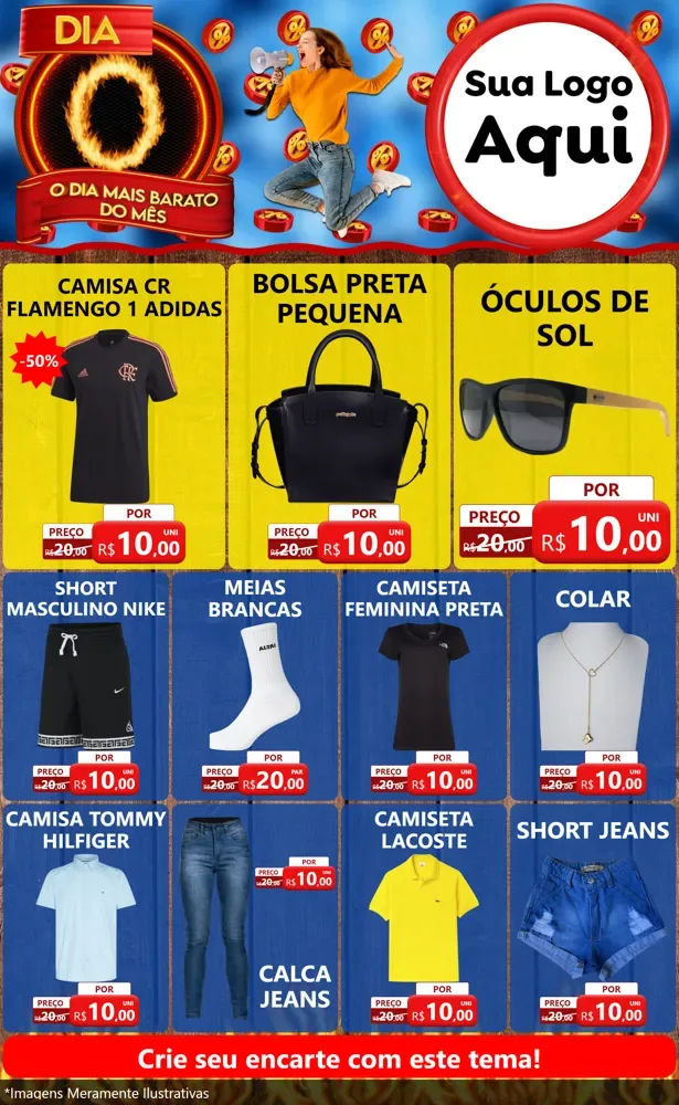 Modelo de Encarte para Encarte Grande com o tema Dia O - O Dia Mais Barato Do Mês para Roupas e acessórios