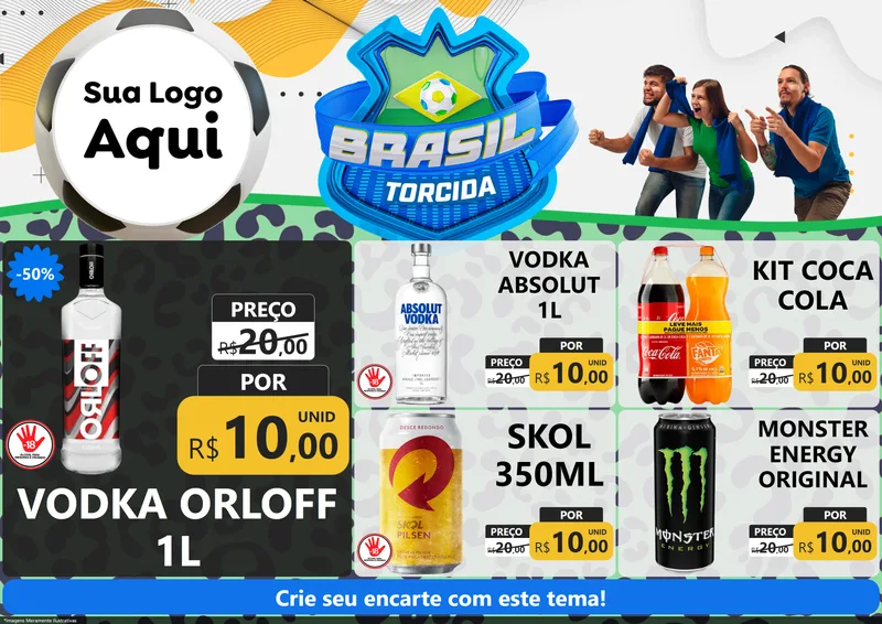 Modelo de Encarte para Encarte A4 Horizontal com o tema Brasil Torcida - Copa para Distribuidora de bebidas