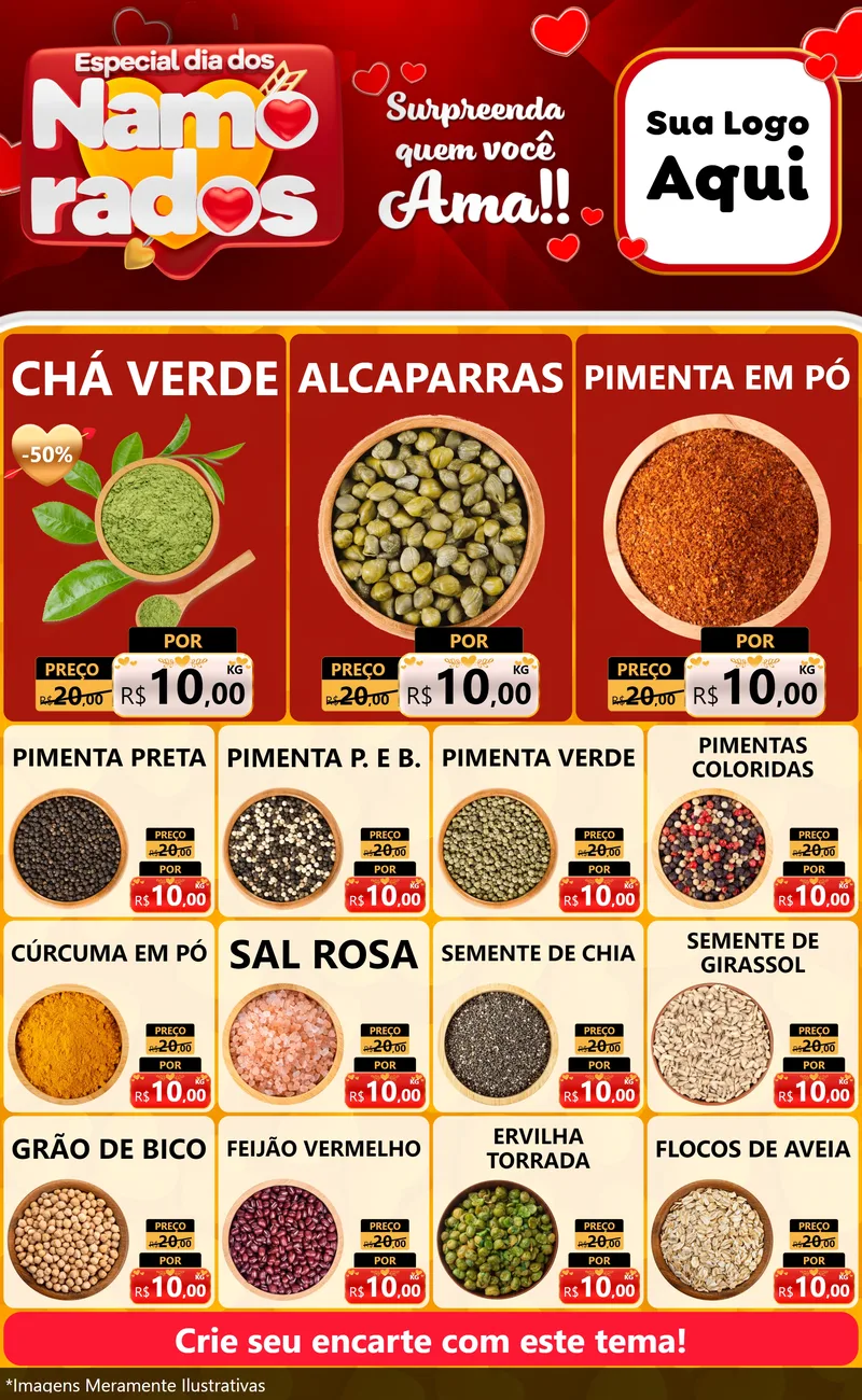 Modelo de Encarte para Encarte Grande com o tema Especial Dia dos Namorados para Produtos Naturais