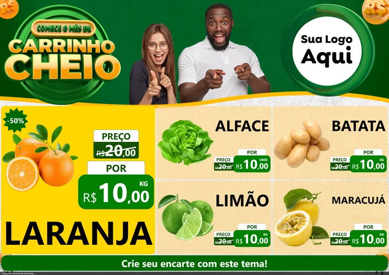 Modelo de Encarte para Encarte A4 Horizontal com o tema Carrinho Cheio para Hortifrúti