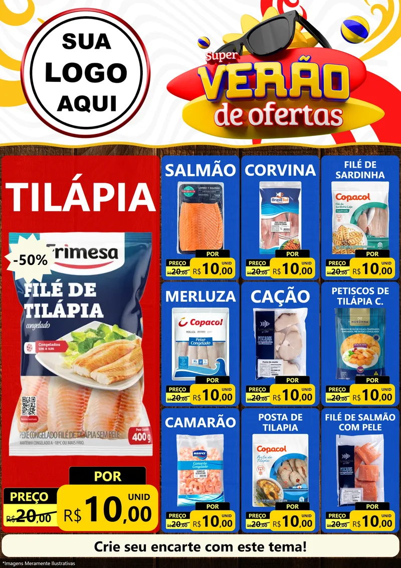 Modelo de Encarte para Encarte A4 Vertical com o tema Super Verão de Ofertas para Peixaria