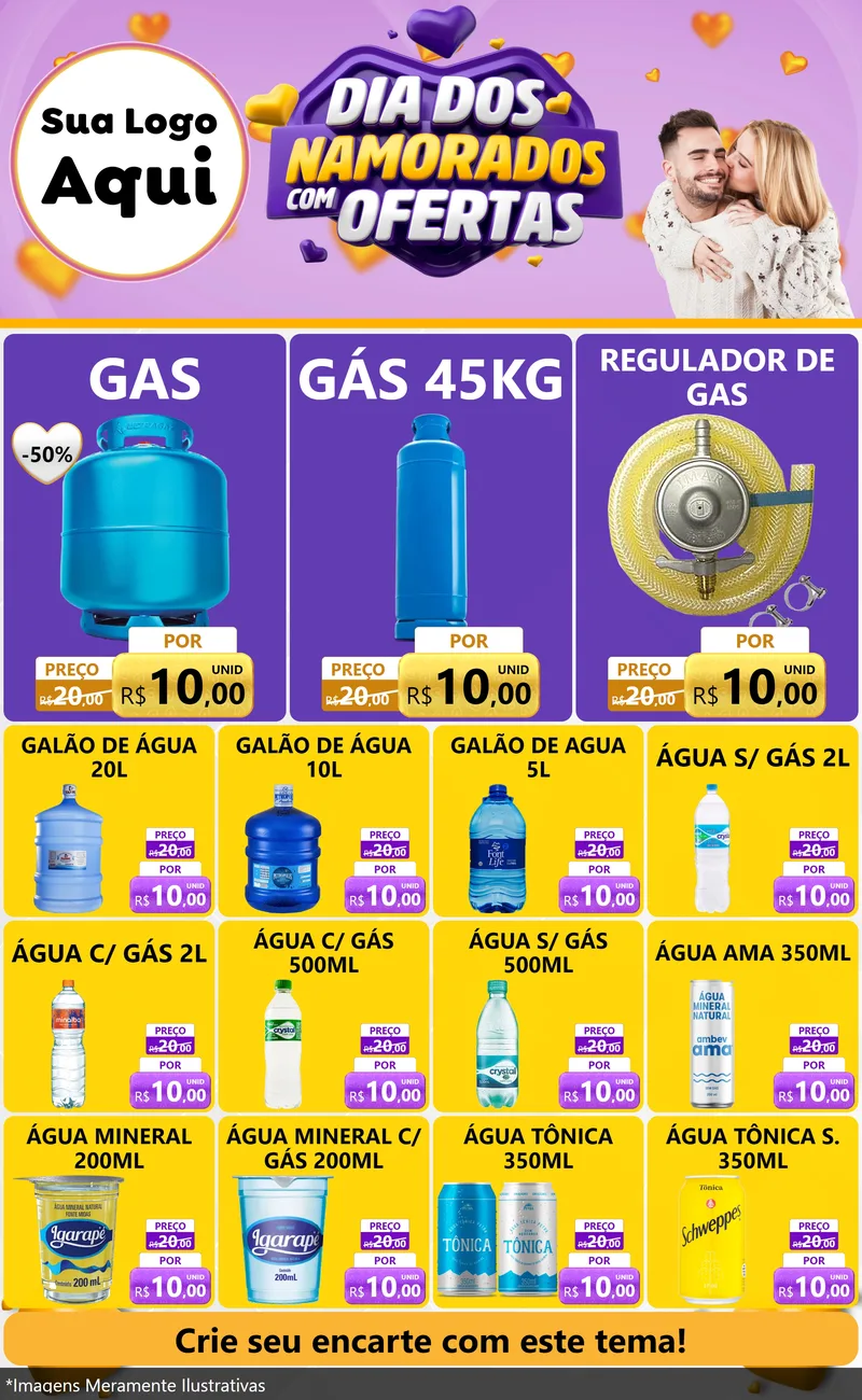 Modelo de Encarte para Encarte Grande com o tema Dia Dos Namorados Com Ofertas para Água e gás