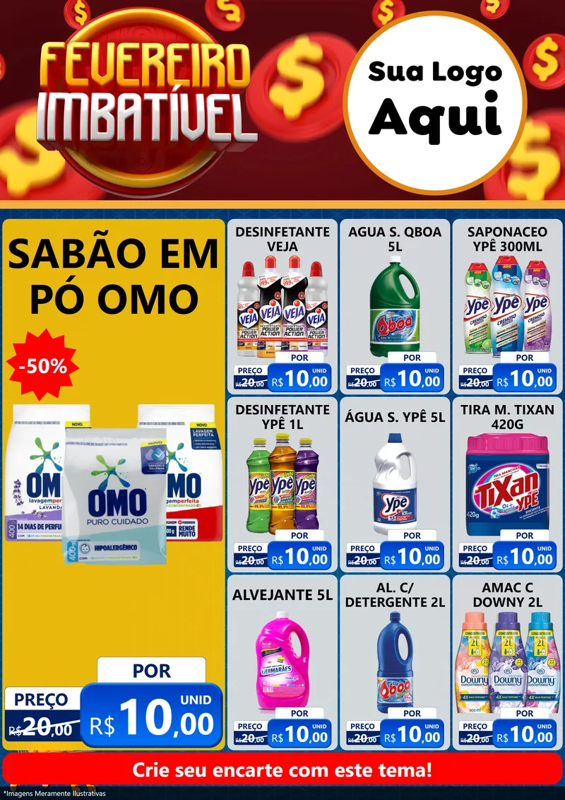 Modelo de Encarte para Encarte A4 Vertical com o tema Fevereiro Imbatível para Produtos de Limpeza