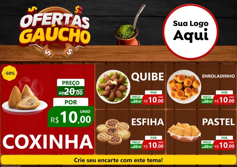 Modelo de Encarte para Encarte A4 Horizontal com o tema Ofertas Dia do Gaúcho para Salgadaria