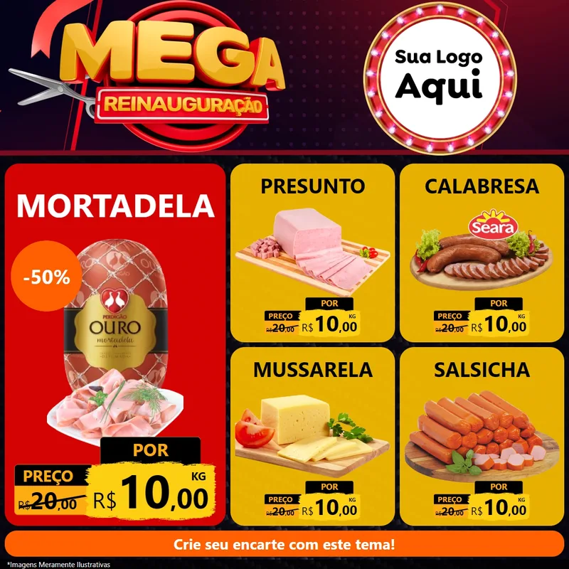 Modelo de Rede Social para Feed Facebook com o tema Mega Reinauguração para Frios e Laticínios