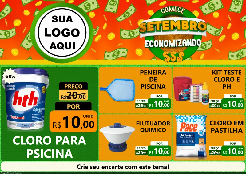 Modelo de Encarte para Encarte A4 Horizontal com o tema Comece Setembro Economizando para Produtos para Piscina