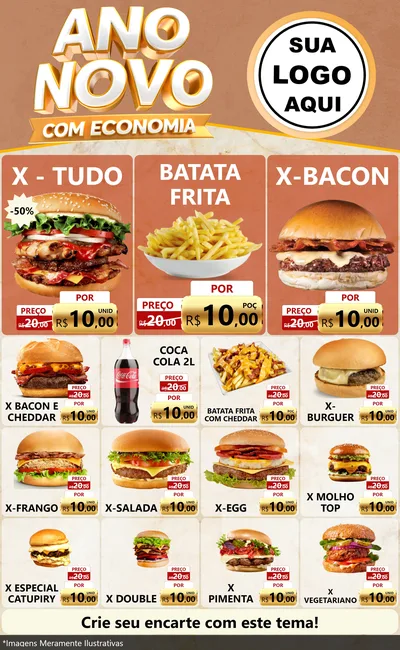Modelo de Encarte para Encarte Grande com o tema Ano Novo Com Economia para Hamburgueria