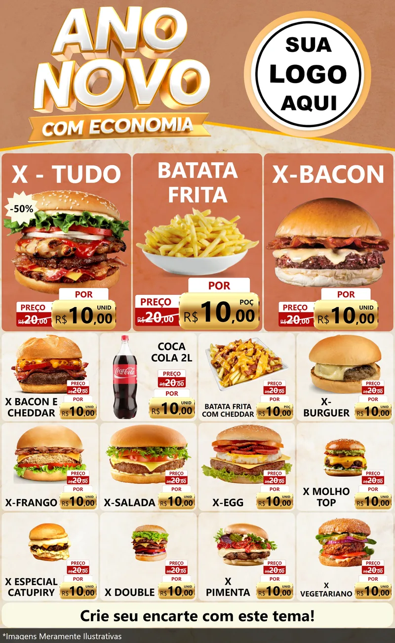 Modelo de Encarte para Encarte Grande com o tema Ano Novo Com Economia para Hamburgueria
