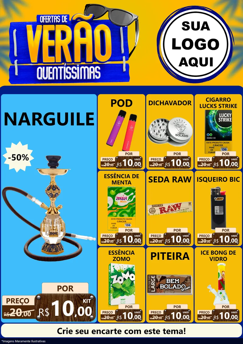 Modelo de Encarte para Encarte A4 Vertical com o tema Ofertas de Verão Quentíssimas para Tabacaria