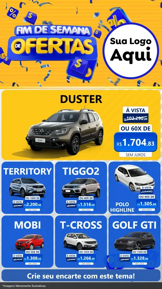 Modelo de Rede Social para Stories com o tema Fim de Semana de Ofertas para Concessionaria de Carros