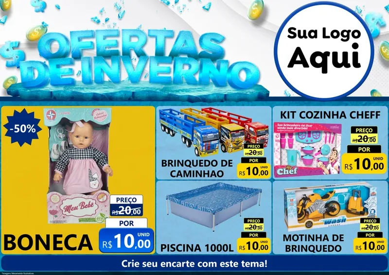 Modelo de Encarte para Encarte A4 Horizontal com o tema Ofertas de Inverno para Brinquedos