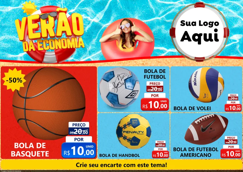 Modelo de Encarte para Encarte A4 Horizontal com o tema Verão da Economia para Artigos Esportivos