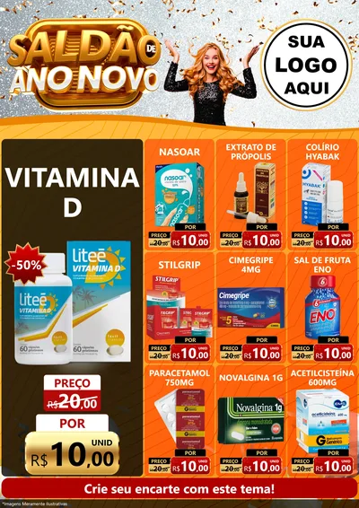 Modelo de Encarte para Encarte A4 Vertical com o tema Saldão de Ano Novo para Farmácia